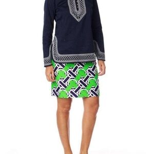 Elizabeth McKay Navy Green Patterned Silk Preppy Skirt Sz 10 WSK133